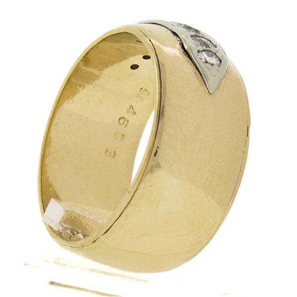 Vintage 14k Two Tone Gold Polished Wide Band Ring w/ 0.25 ctw Pave Line Diamond