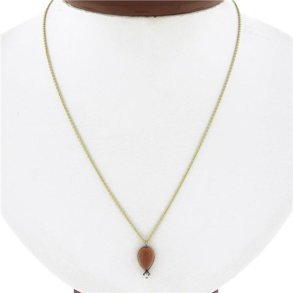 Antique 14k Yellow Gold Pear Cabochon Carnelian & Seed Pearl Pendant w/ Chain