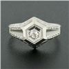 Vintage 18k Gold Diamond Solitaire Matte & Polished Hand Engraved Hexagon Ring