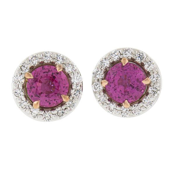 Platinum & 14K Gold 3.06 ctw GIA Pink Sapphire Diamond Halo Cluster Stud Earring
