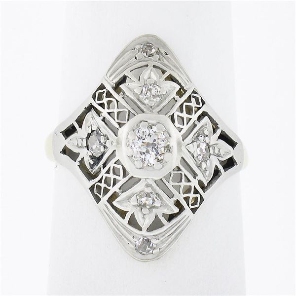 Antique Edwardian 18k Gold Platinum 0.20 ctw Diamond Filigree Petite Dinner Ring