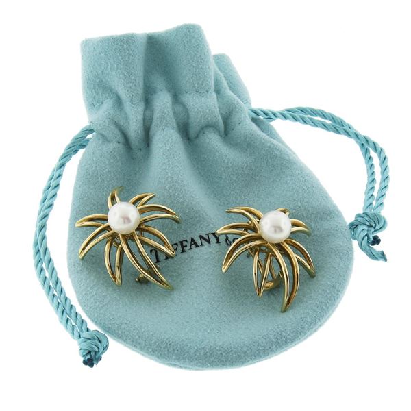 Tiffany & co. Fireworks Spray Burst 18K Gold 7.5mm Round Akoya Pearl Earrings