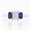 Image 4 : New Platinum 1.71 ctw GIA Emerald Cut Diamond & Sapphire 3 Stone Engagement Ring