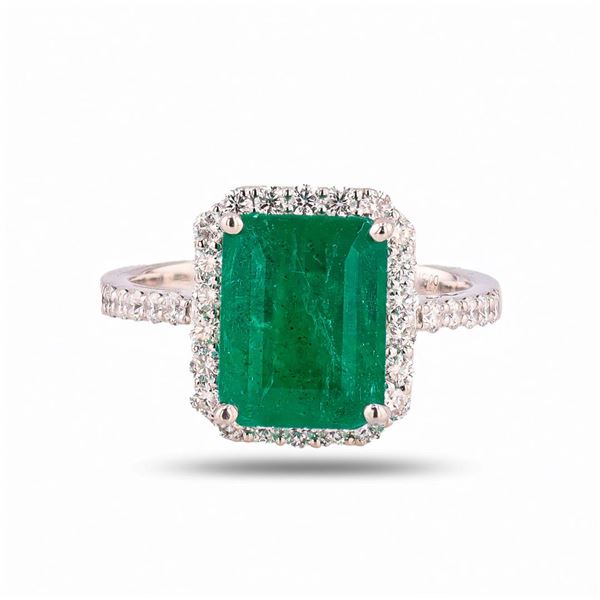 3.13 ctw Emerald and 0.57 ctw Diamond Platinum Ring