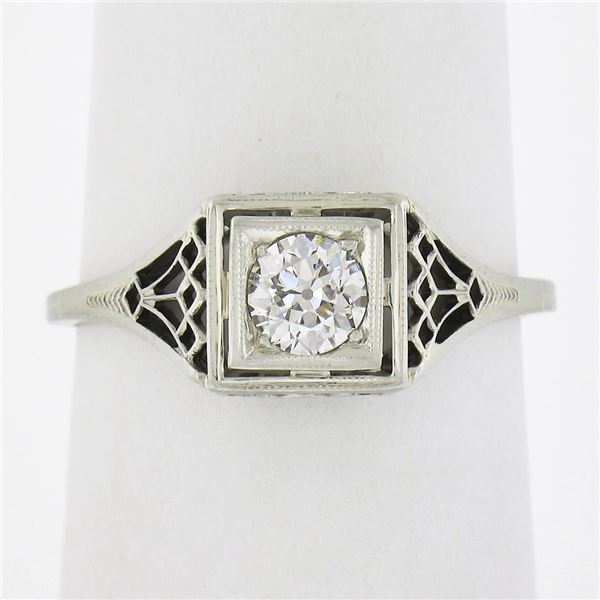 Antique Art Deco Belais 18K Gold Old European Diamond Squared Filigree Work Ring