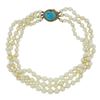 Image 6 : 14.5" 3 Row Pearl Strand Necklace w/ 10k Gold Turquoise Twisted Wire Push Clasp