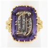 Vintage 18k Gold Repousse Amethyst & Diamond Old English Letter Cocktail Ring