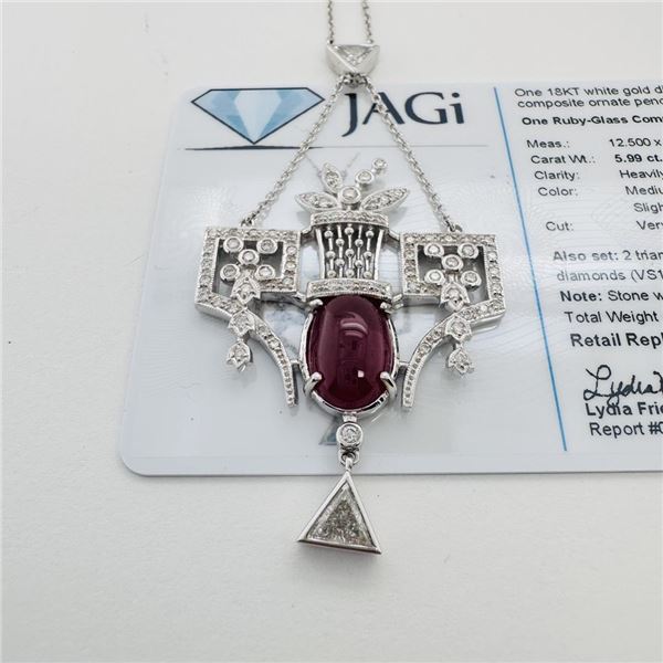 18KT White Gold Ruby-Glass Composite and Diamond Pendant Necklace