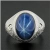 Image 2 : Mens 14k White Gold Linde Blue Star Sapphire & Diamond Florentine Work Dome Ring