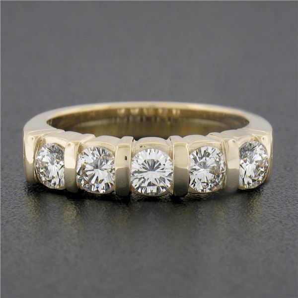 Vintage 14k Yellow Gold 0.85 ctw Diamond Channel Bar 5 Stone Wedding Band Rin