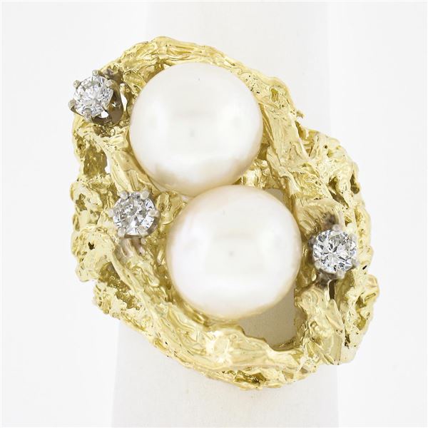 Vintage 18k Gold 0.40 ctw Diamond & Pearl Nugget Textured Freeform Cocktail Ring