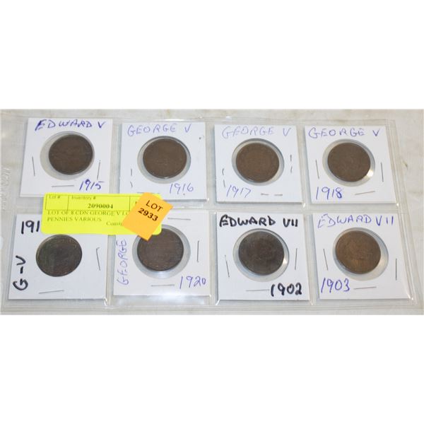 LOT OF 8 CDN GEORGE V LG PENNIES VARIOUS