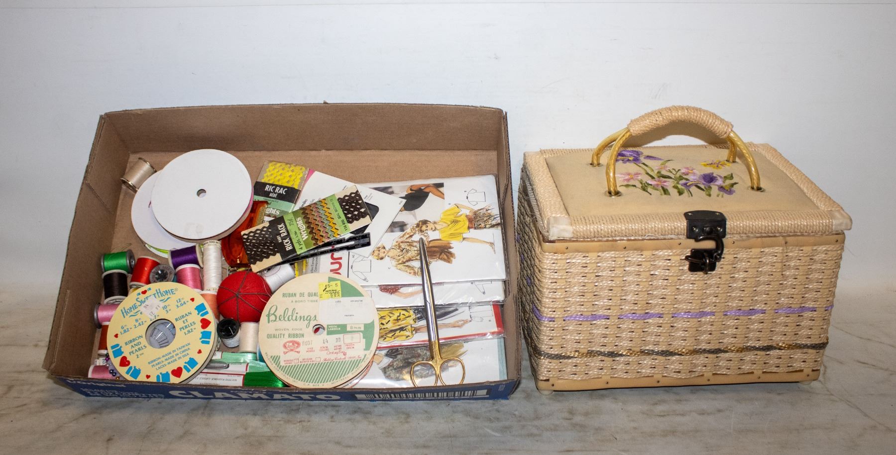 SEWING BASKET, THREAD, SUPPLIES & PATTERNS