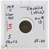 Image 1 : SILVER NFLD 5 CENT COIN 1919