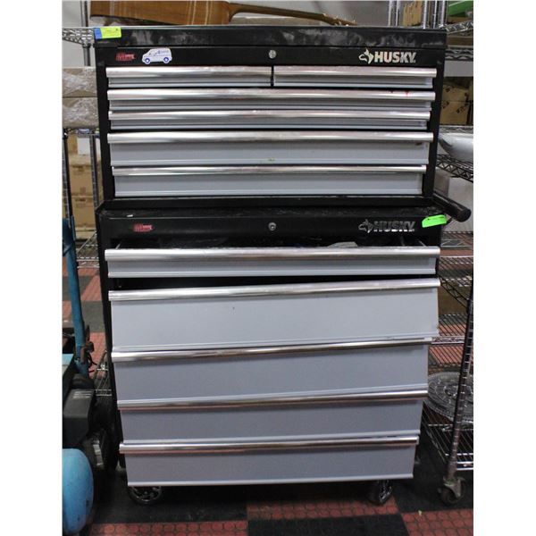 HUSKY BLACK 2 PIECE METAL TOOL CHEST WITH VARIOUS