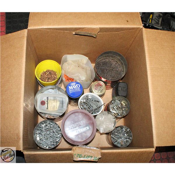 CANS OF VARIOUS NAILS, BOLTS, SCREWS