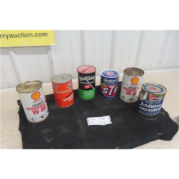 (6) Quart Cans, 5 with Product : Shell, Motor Oil, Gulf, AMS Oil,