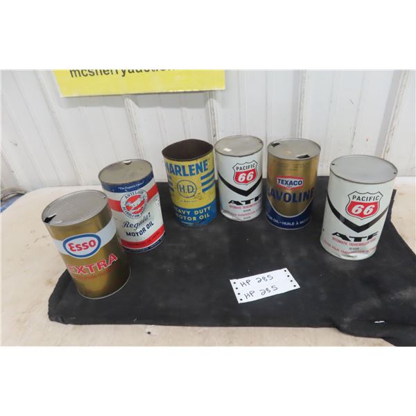 (6) Oil Quart Cans : Pacific 66, Texaco, Esso, Antelope, Plus. 