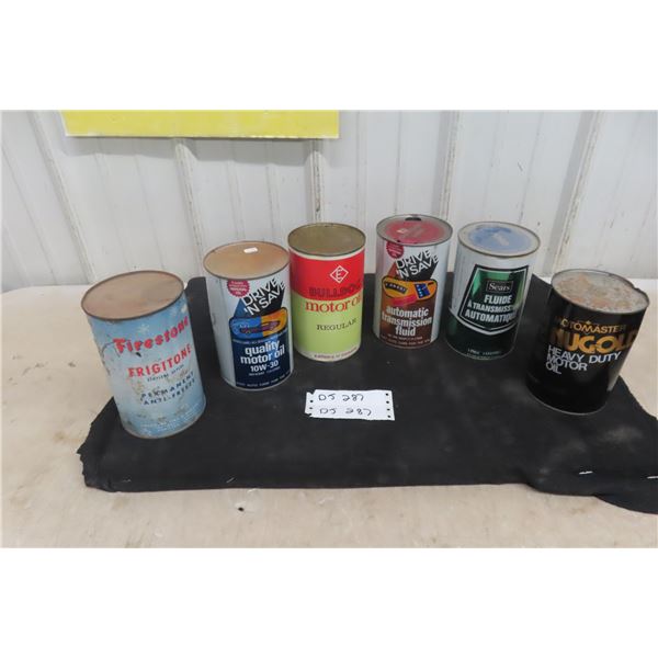 (6) Quart Oil Cans, 4 with Product : Bulldog, Sears, Motomaster