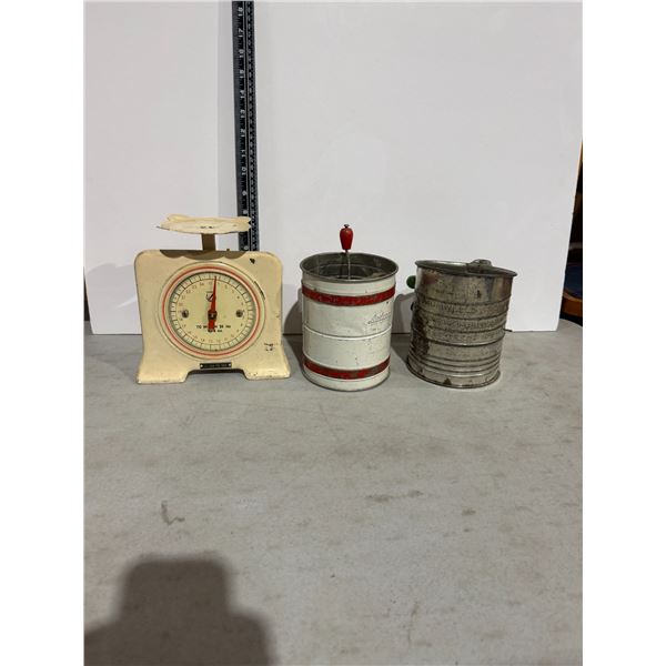 Vintage scale and flower sifters