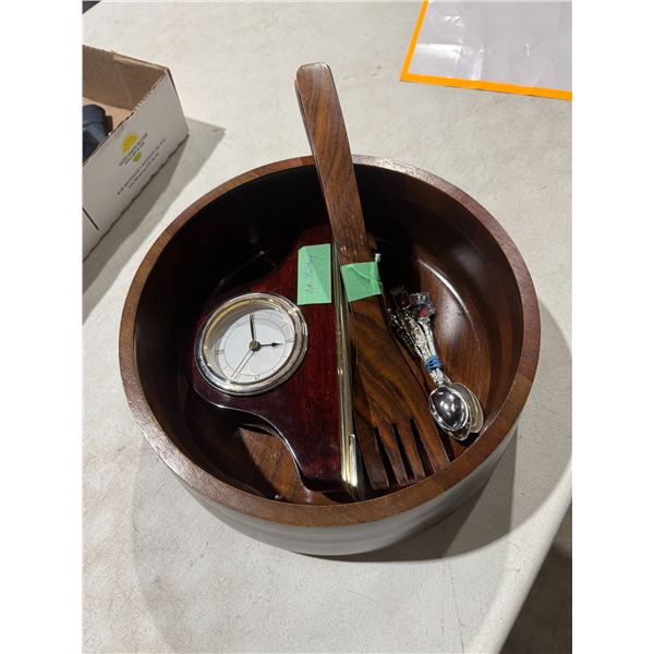 Wood salad bowl and utensils, collector, spoons, and clock