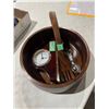 Image 1 : Wood salad bowl and utensils, collector, spoons, and clock