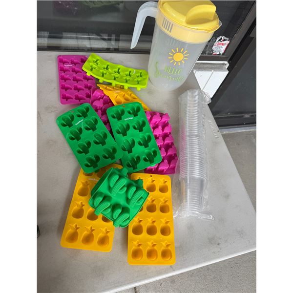 Ice cube, trays juice, jug, and disposable cups