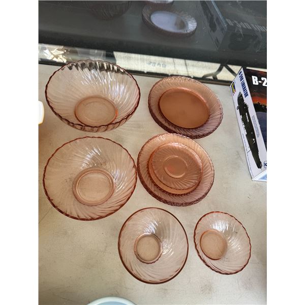 Pink depression, glass dishes