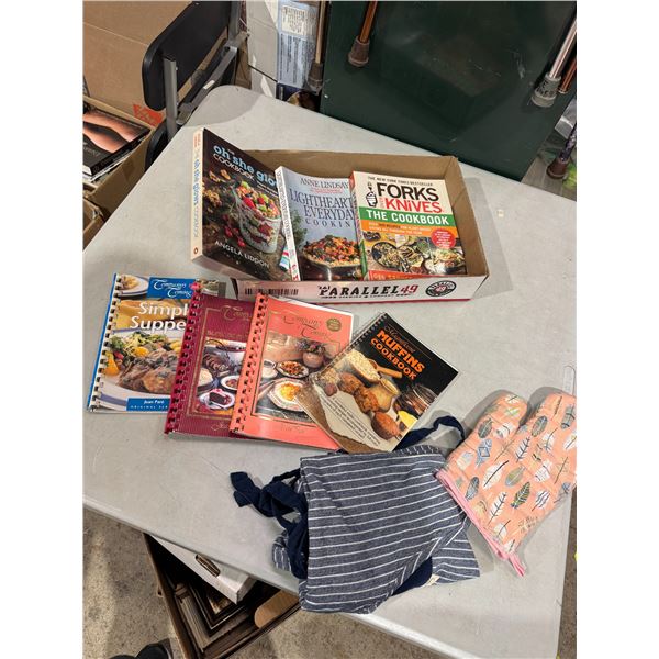 Cookbook, oven, mitt, and apron