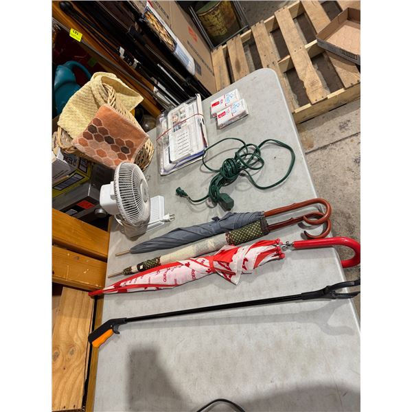 Umbrella, grabber, fan, tissue, wastebasket, extension cord, etc.