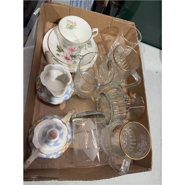 Collectible mugs, teacup, saucer, cream, sugar