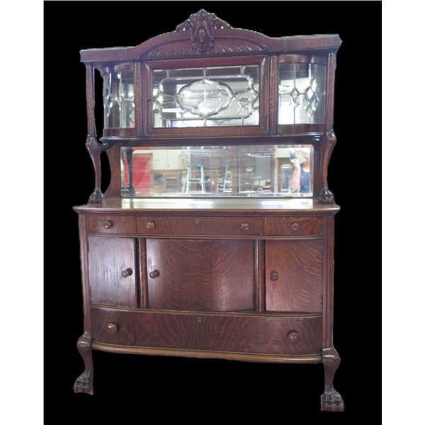 Exceptional Quarter Sawn Oak Buffet With Leaded Glass Curio Top- Carved- Claw Feet- 76" X 52" X 22"-