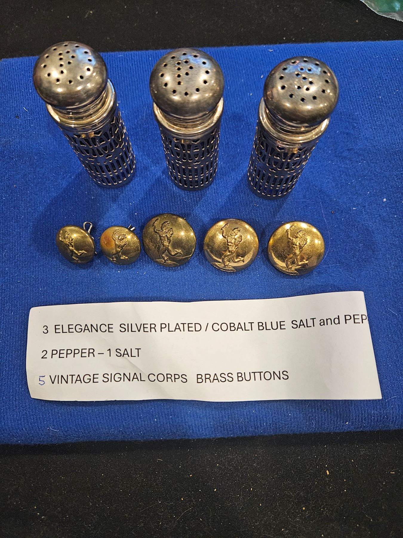 3 silver plated S&P (2 pepper/1 salt), 5 vintage corps buttons