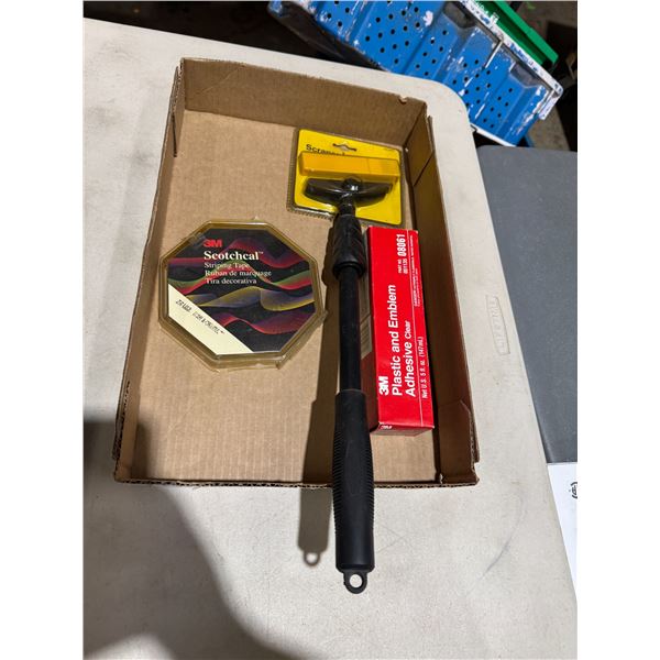Striping tape, scraper, and plastic and emblem adhesive
