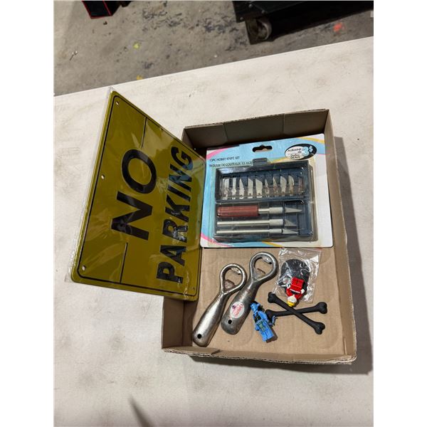 Hobby knife, kit bottle openers Lego men and no parking signs