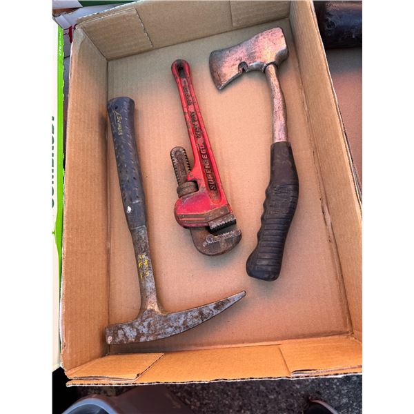 Pipe, wrench, hatchet, and hammer