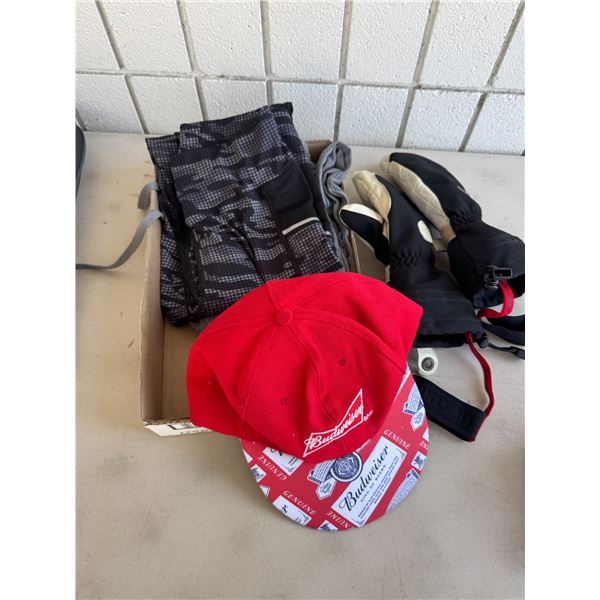 Leggings, Budweiser hat and mitts itch