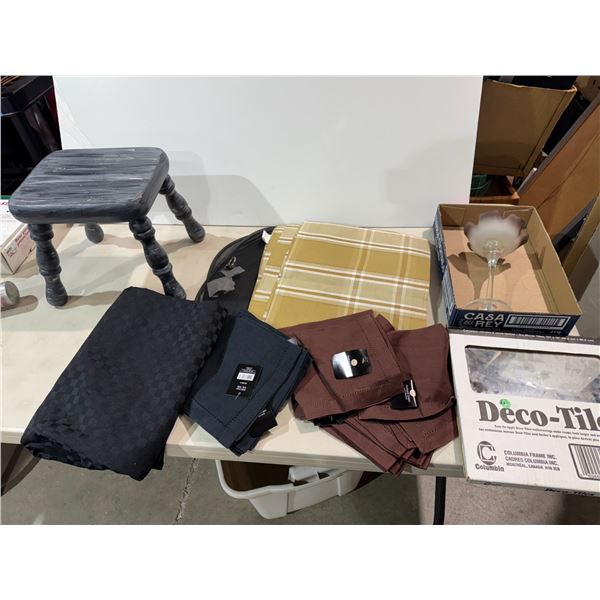 Mirror, wall covering tiles, placemats stool, etc.