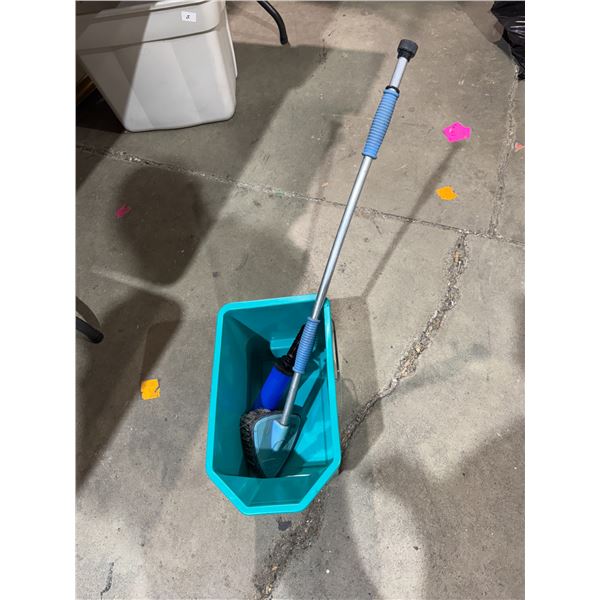 Mop, bucket, scrub brush, and pump