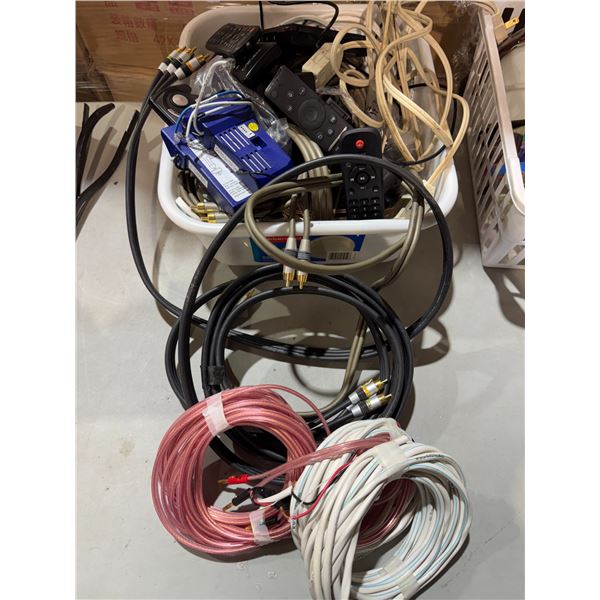 Assorted remotes and electrical wires, etc.