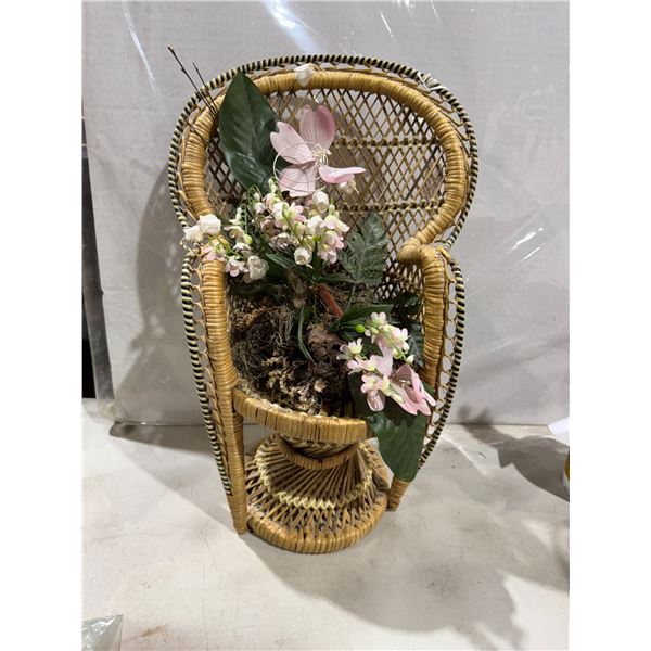 Peacock, wicker chair plant stand with bird nest decoration