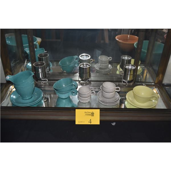 MELAMINE CUPS, SAUCERS, SUGAR, CREAMER & CERAMIC DEMITASSE CUPS & SAUCERS (16 PCS)