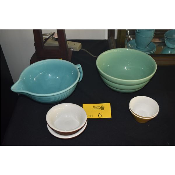 VINTAGE BAUER #12 MIXING BOWL, LARGE TURQUOISE BATTER BOWL, SYRACUSE SYRALITE BOWLS, & SMALL HALL 39