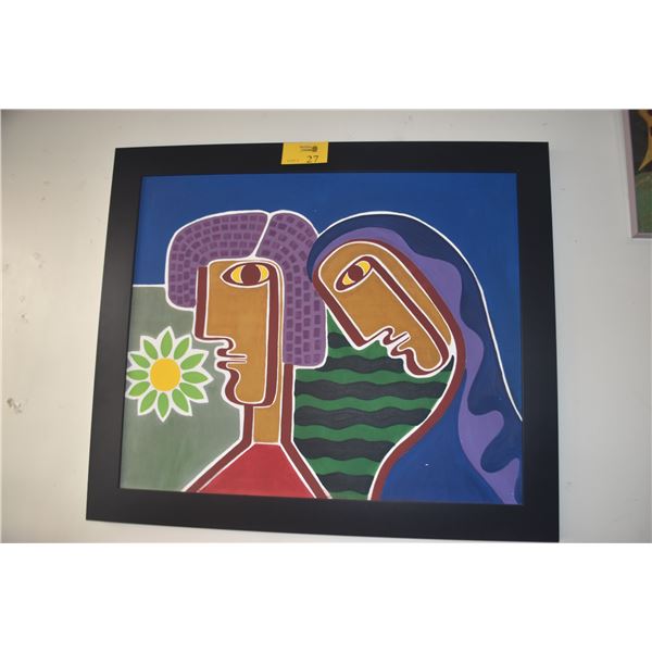 FRAMED OIL ON CANVAS, 2 STYLIZED FIGURES & FLOWER (41 1/2" X 35 1/4")