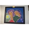 Image 1 : FRAMED OIL ON CANVAS, 2 STYLIZED FIGURES & FLOWER (41 1/2" X 35 1/4")