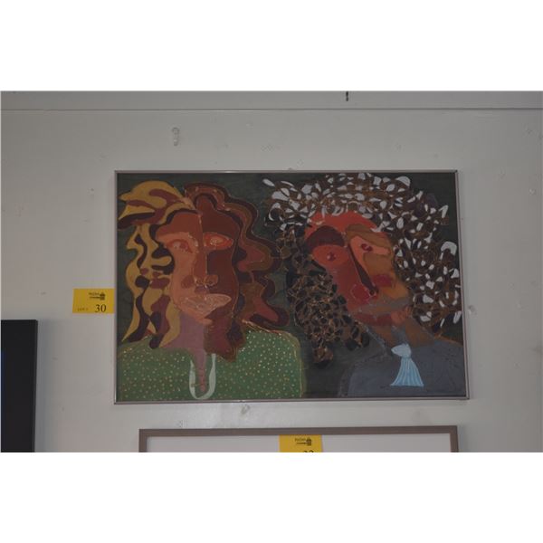 FRAMED MIXED MEDIA ON BOARD, 2 STYLIZED FIGURES; SIGNED '94 (36 1/4" X 24")