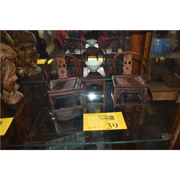 MINIATURE CHINESE CHAIRS, TABLE & BOWL (4 PCS)