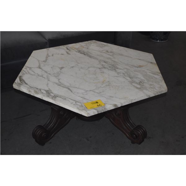 HEXAGON MARBLE TOP COFFEE TABLE W/ANTIQUE PEDESTAL STYLE BASE (40" X 18")