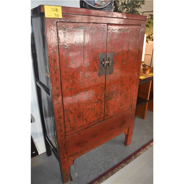 ANTIQUE CHINESE CHINOISERIE STYLE RED LACQUERED CABINET (63" X 41 1/4" X 19 1/2")