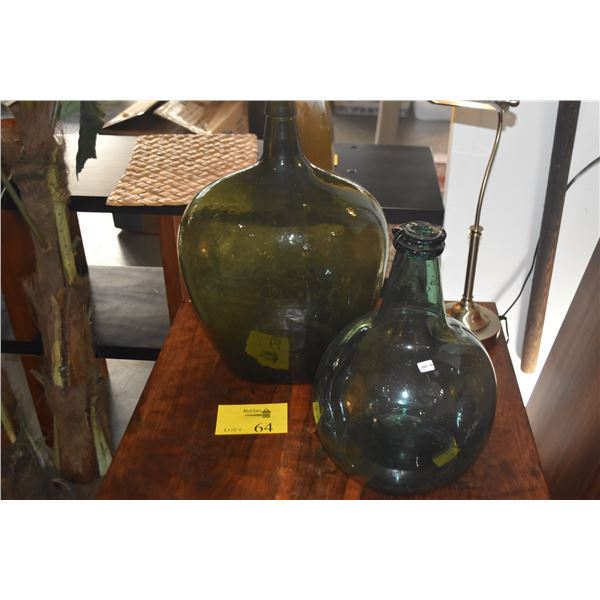 HAND BLOWN GREEN GLASS BOTTLES (2 PCS)